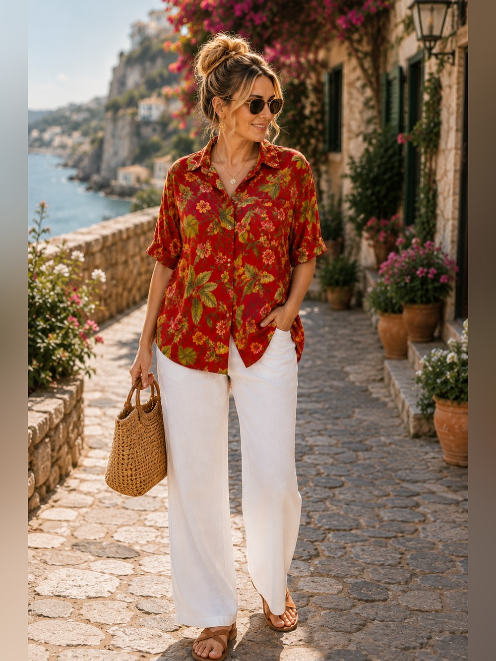 Sag Harbor Tropical Floral Button Front Blouse 3X | Red Resort Shirt